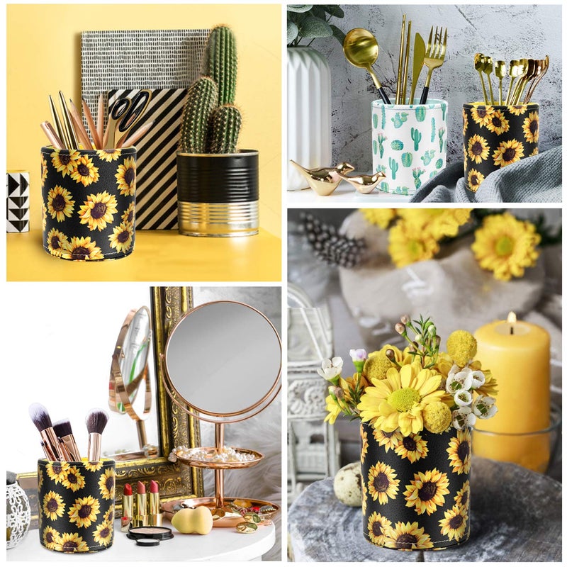 WAVEYU Pen Holder, Pencil Cup Desk for Women Girls, Luxury Makeup Brush Holder Large Pu Leather Multi-Functional Organizer Cup for Office, Classroom, Home, Sunflower - Image 2